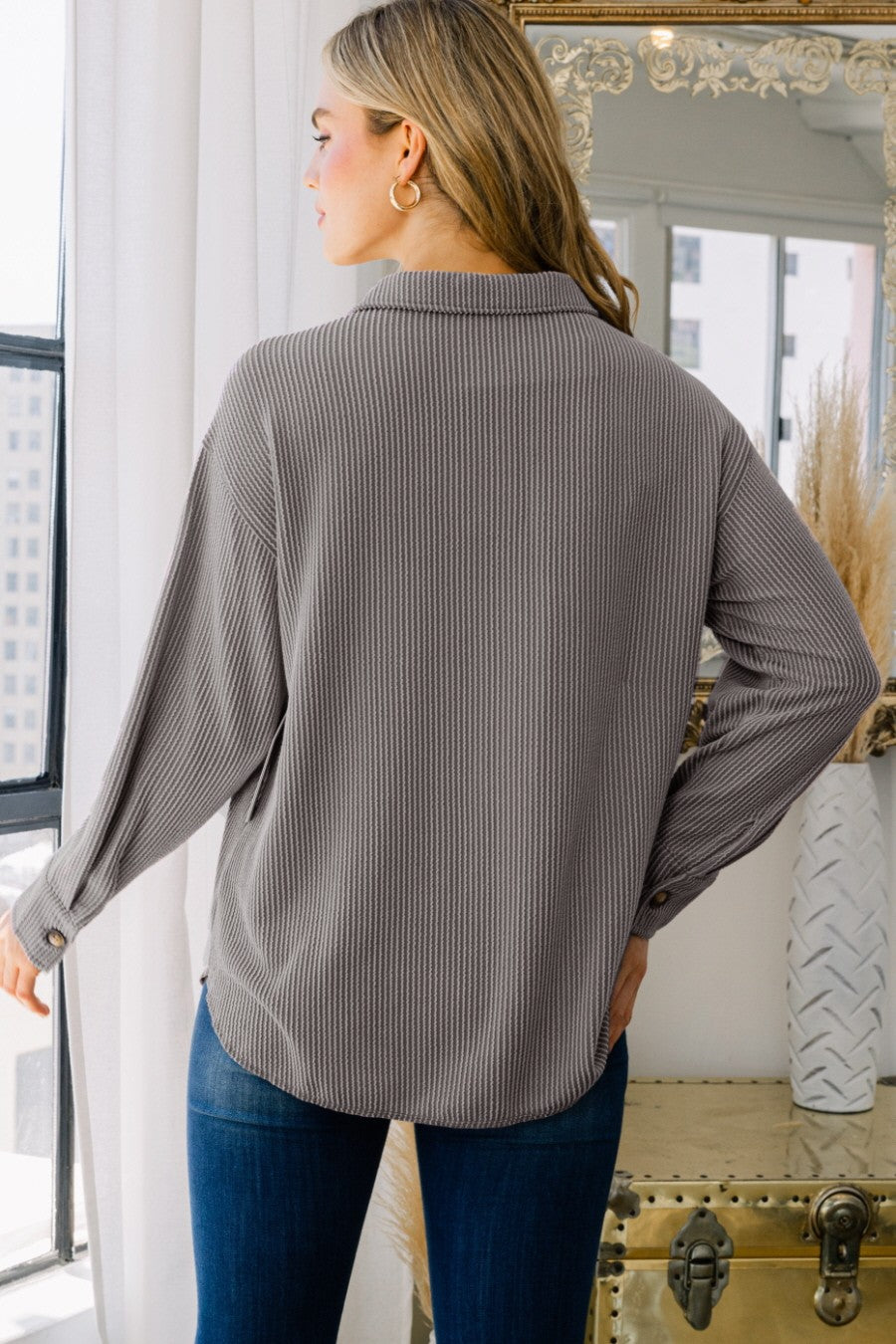 Charcoal Textured Button-Down Shacket – Relaxed Fit