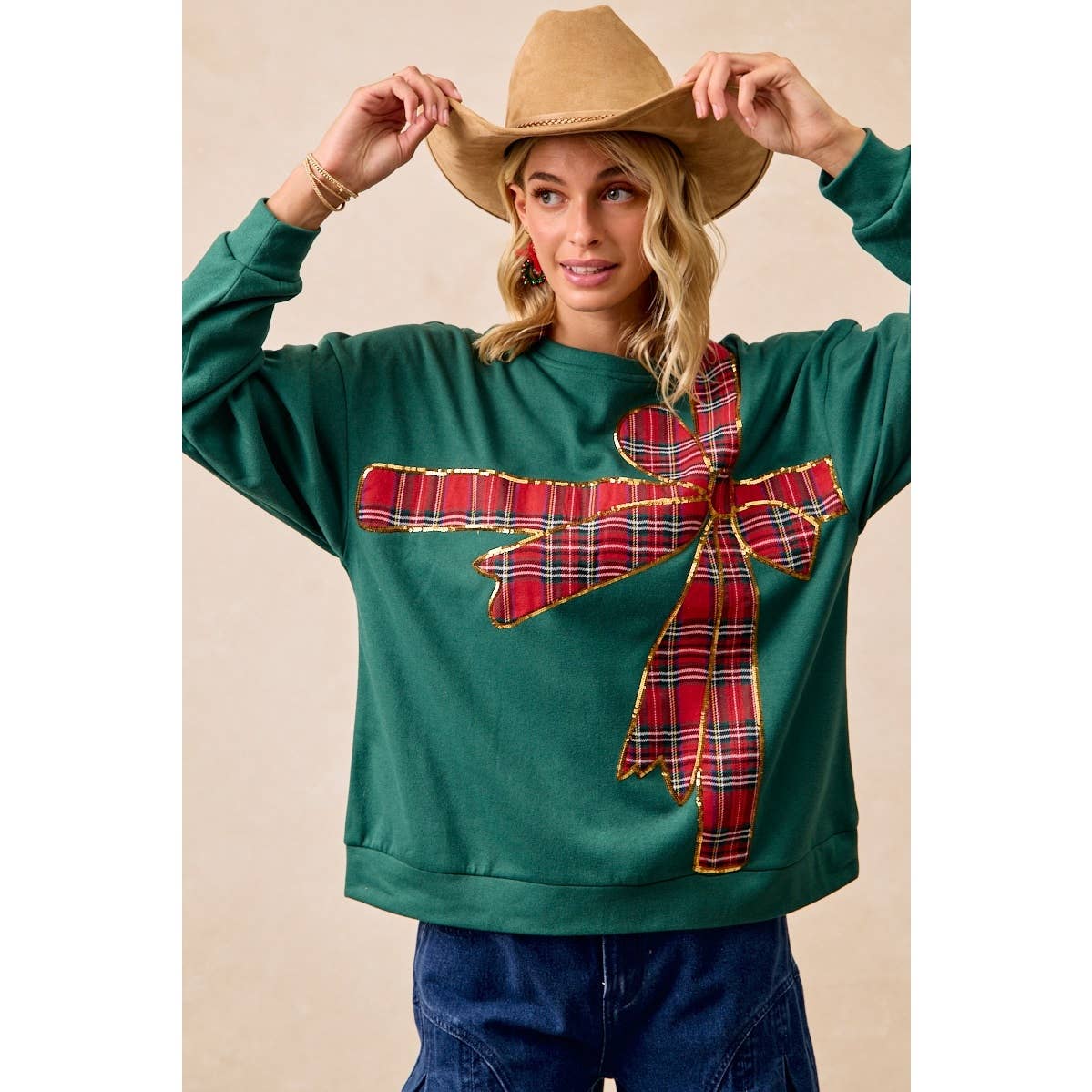 Christmas Plaid Bow Oversized Fleece Sweatshirt