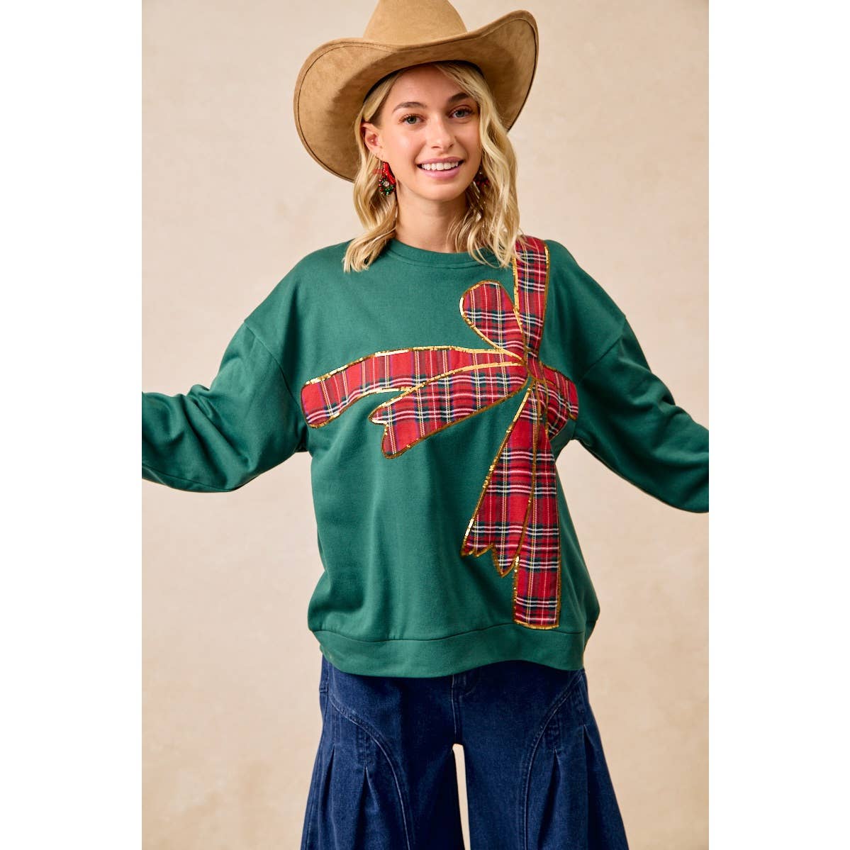 Christmas Plaid Bow Oversized Fleece Sweatshirt