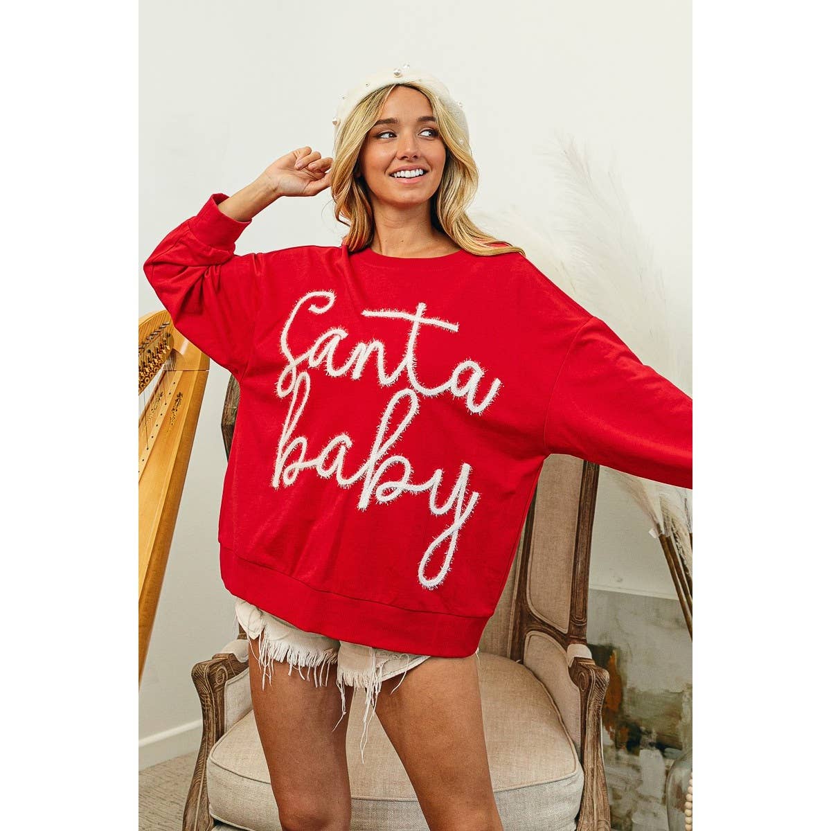 Santa Baby Tinsel Lettering Oversized Christmas Sweatshirt