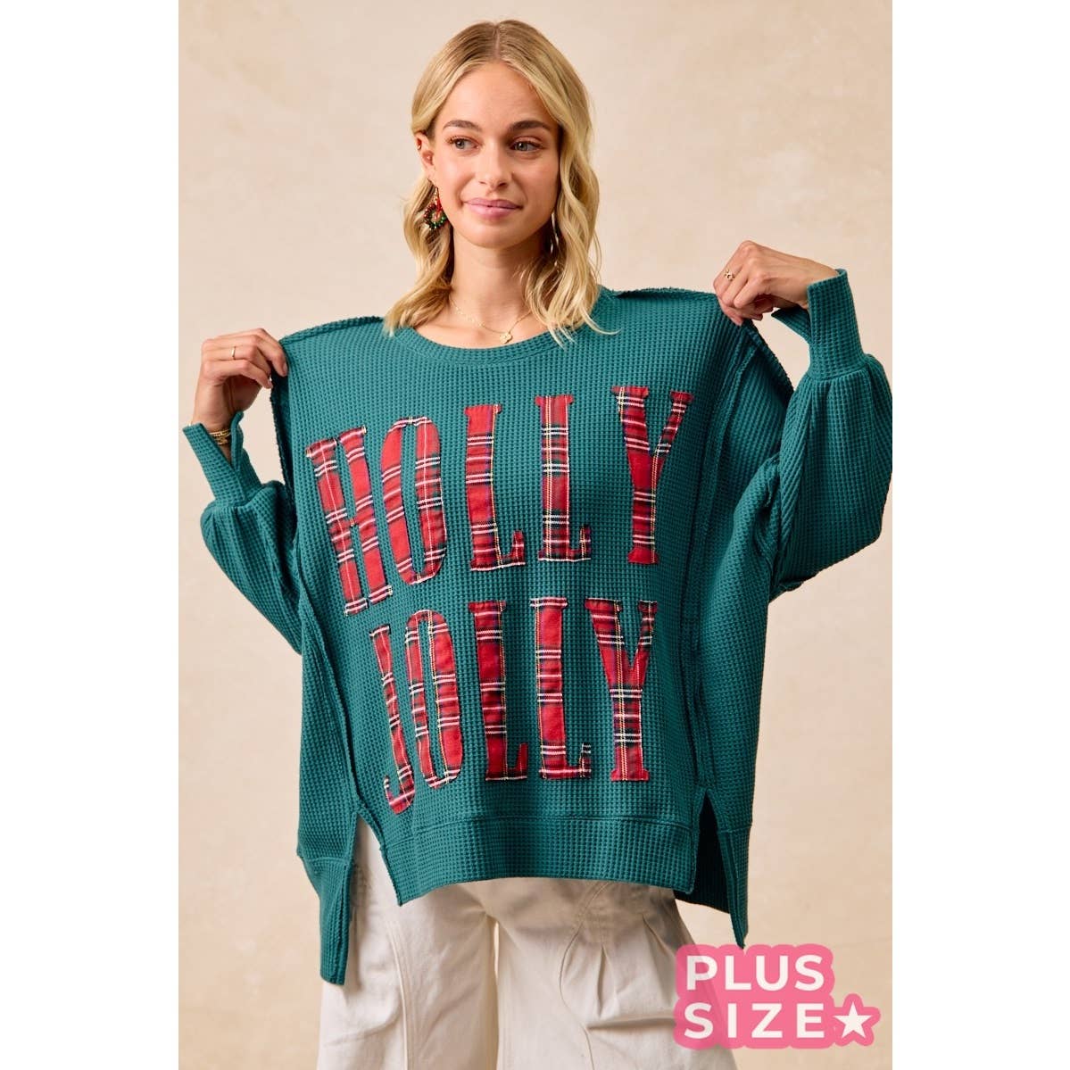 Holly Jolly Plaid Oversized Waffle Knit Christmas Sweatshirt