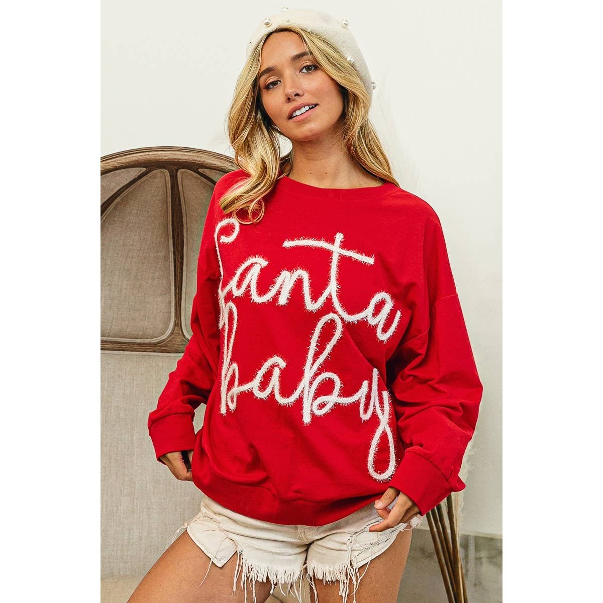 Santa Baby Tinsel Lettering Oversized Christmas Sweatshirt