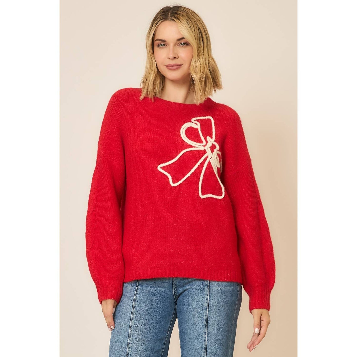 Soft Brushed Embroidered Bow Knit Sweater