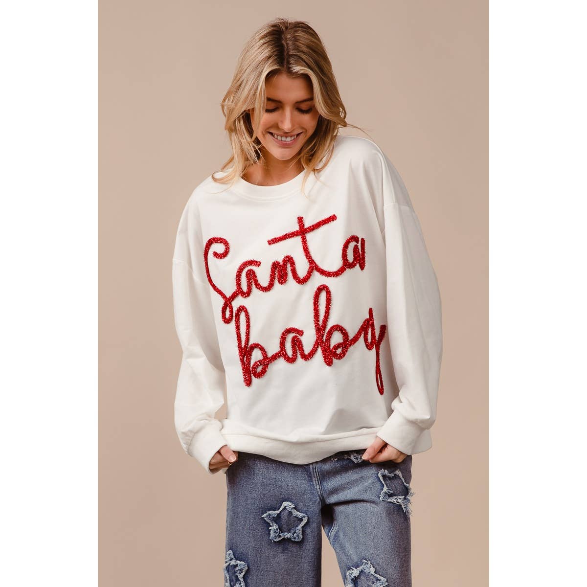 Santa Baby Tinsel Lettering Oversized Christmas Sweatshirt