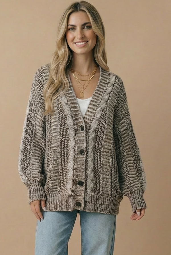 Two-Tone Chunky Cable Knit Button-Down Cardigan