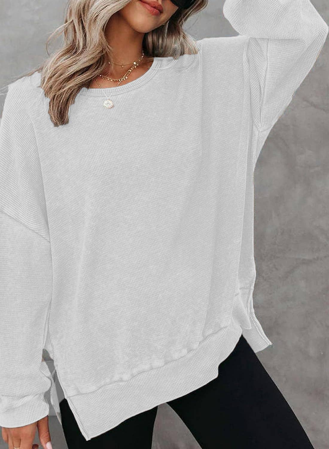 Solid Waffle Top Casual Oversized Drop Shoulder Pullover