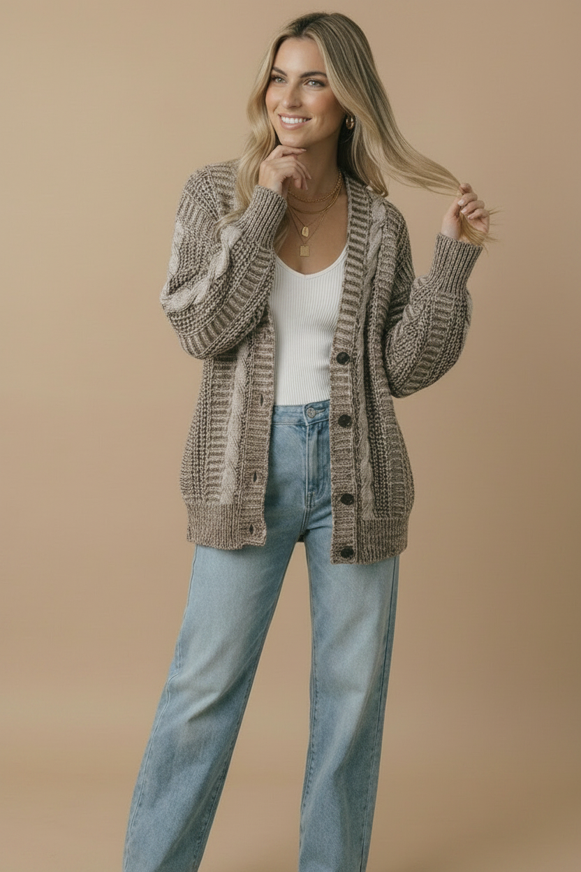 Two-Tone Chunky Cable Knit Button-Down Cardigan