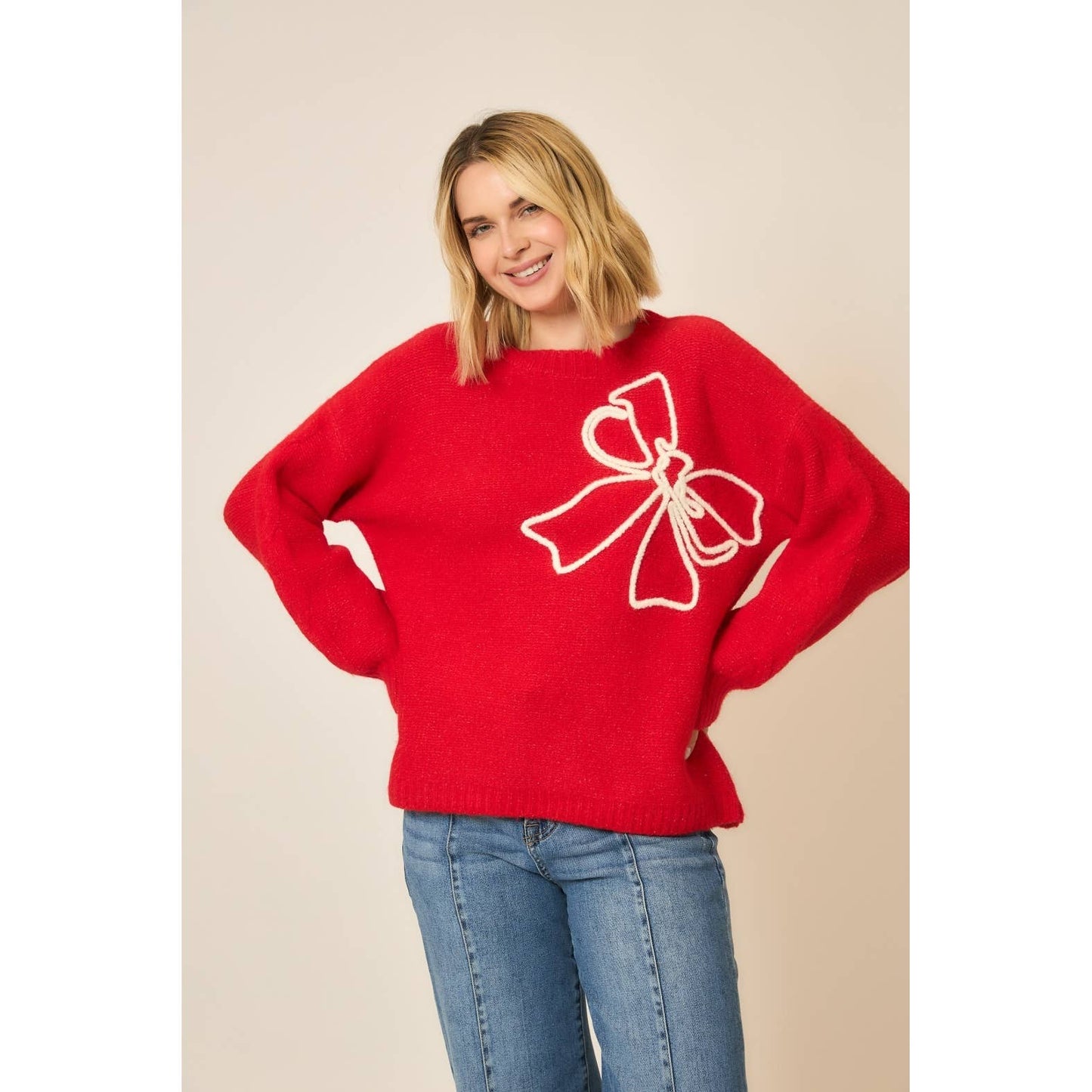 Soft Brushed Embroidered Bow Knit Sweater