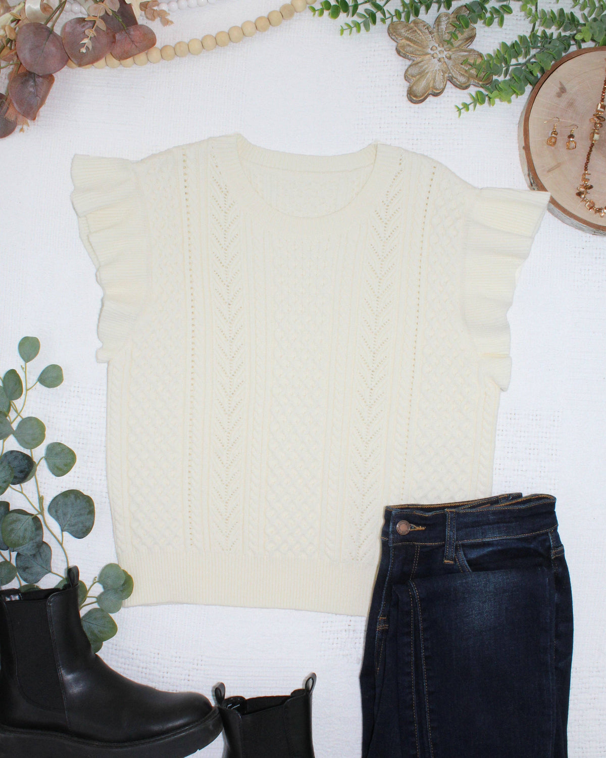 Ivory Flutter Sleeve Sweater Top