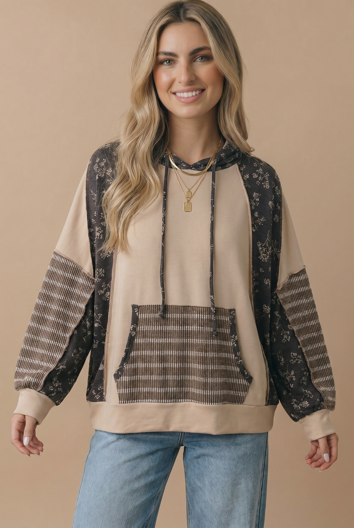 Mocha Floral Patchwork French Terry Hoodie