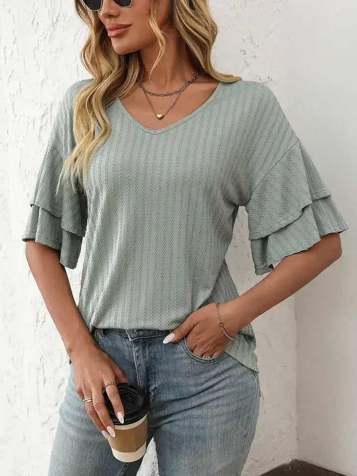Easy & Effortless Ruffle Sleeve V-Neck Top – Lightweight Summer Favorite