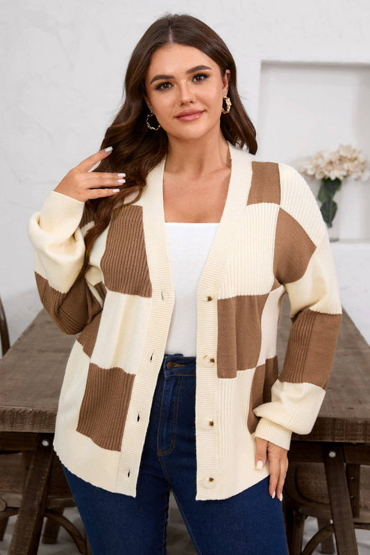 Plus Size Checker Ribbed Buttoned V-Neck Cardigan