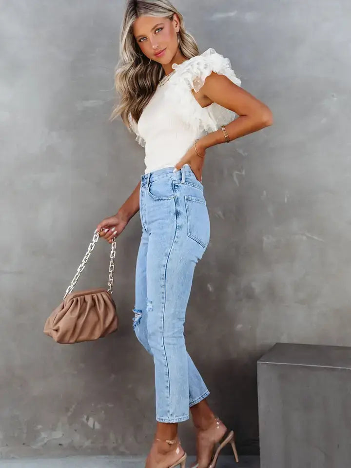 Effortlessly Pretty Ruffle Sleeve Top – Cream Ribbed Knit Style