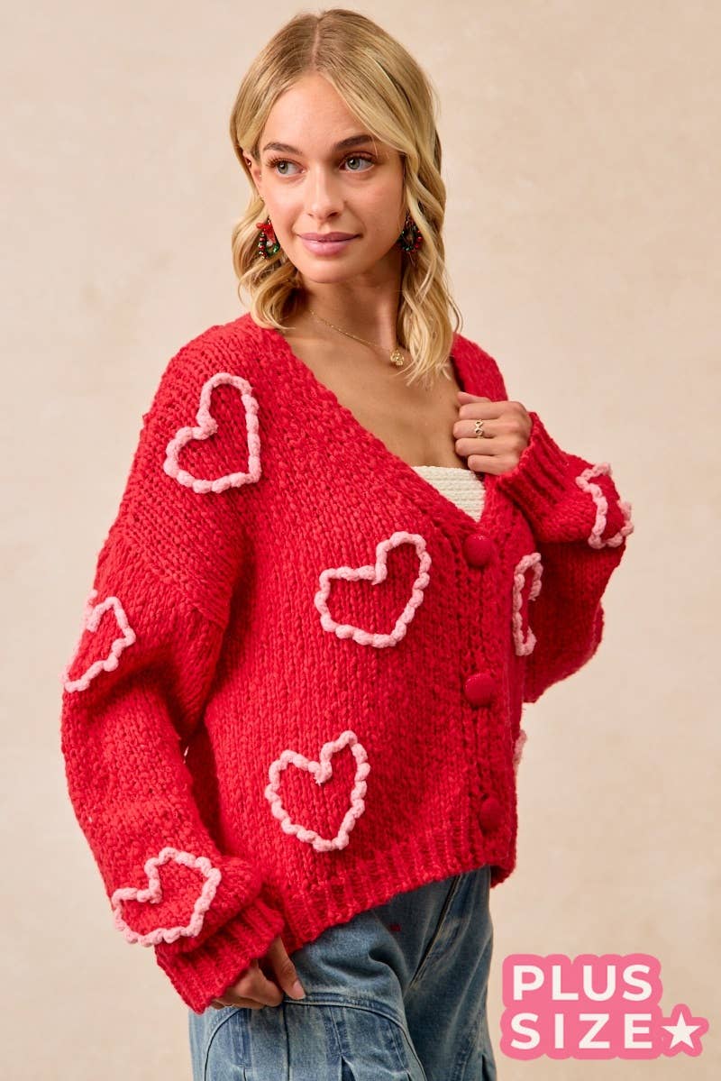Heart Print Pom Pom Knit Cardigan