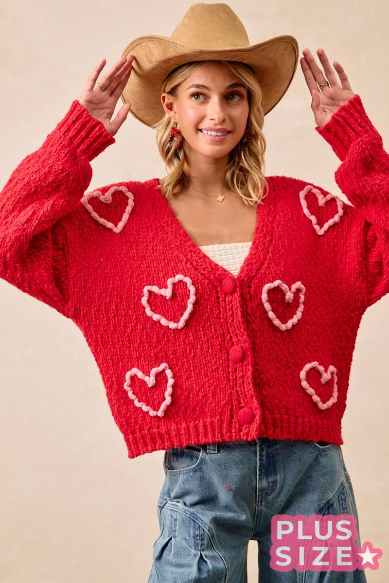 Heart Print Pom Pom Knit Cardigan