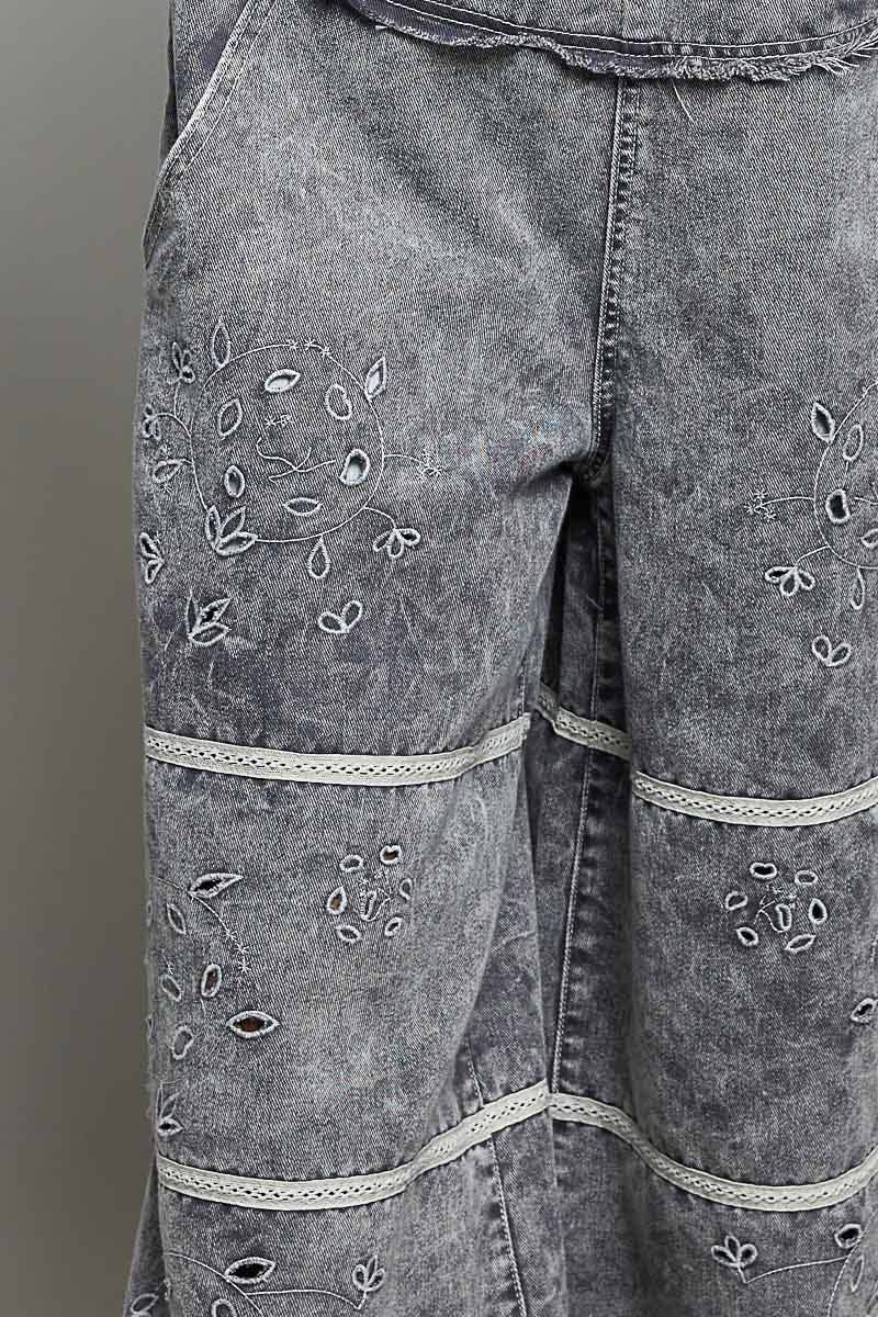 Laser-Cut Trim Accent Twill Denim Wide Leg Overalls