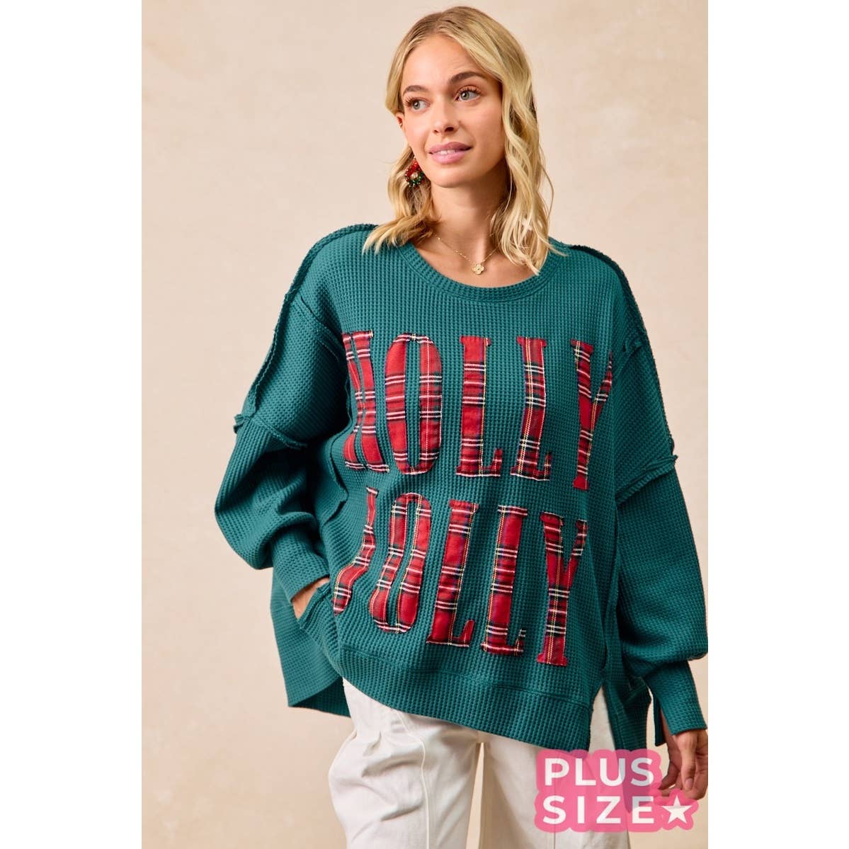 Holly Jolly Plaid Oversized Waffle Knit Christmas Sweatshirt