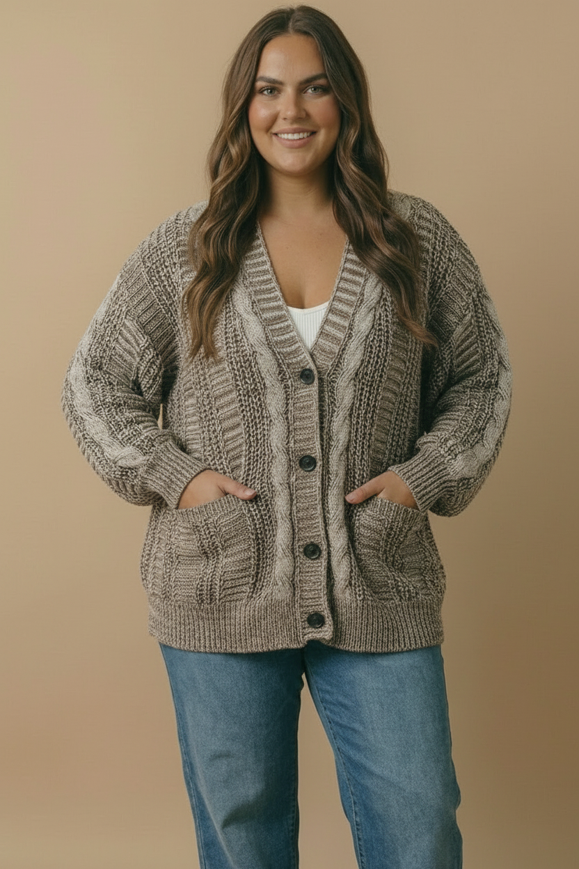 Two-Tone Chunky Cable Knit Button-Down Cardigan