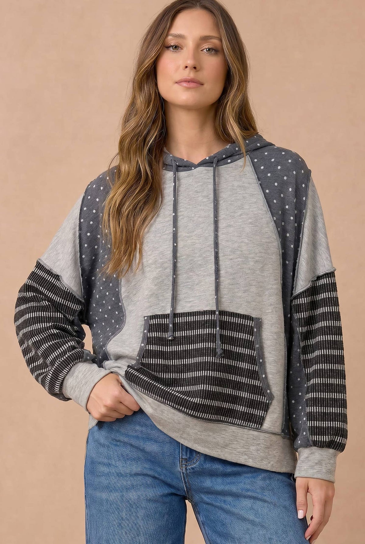 Polka Dot Patchwork French Terry Hoodie