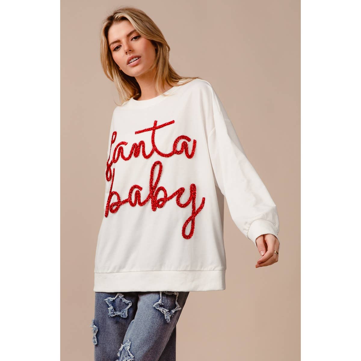 Santa Baby Tinsel Lettering Oversized Christmas Sweatshirt