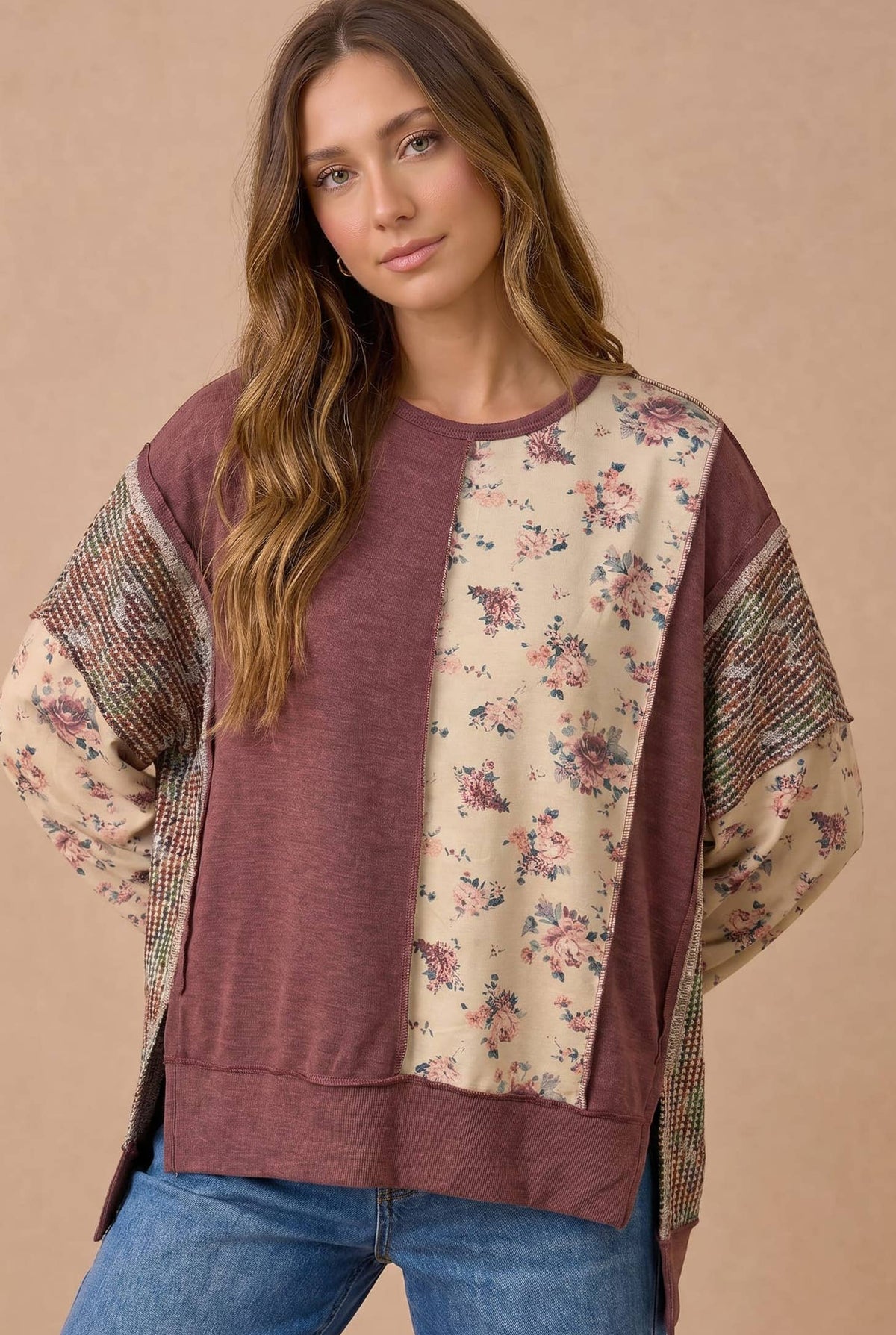 Plus Mixed Fabric Floral Waffle Knit Paneling Top