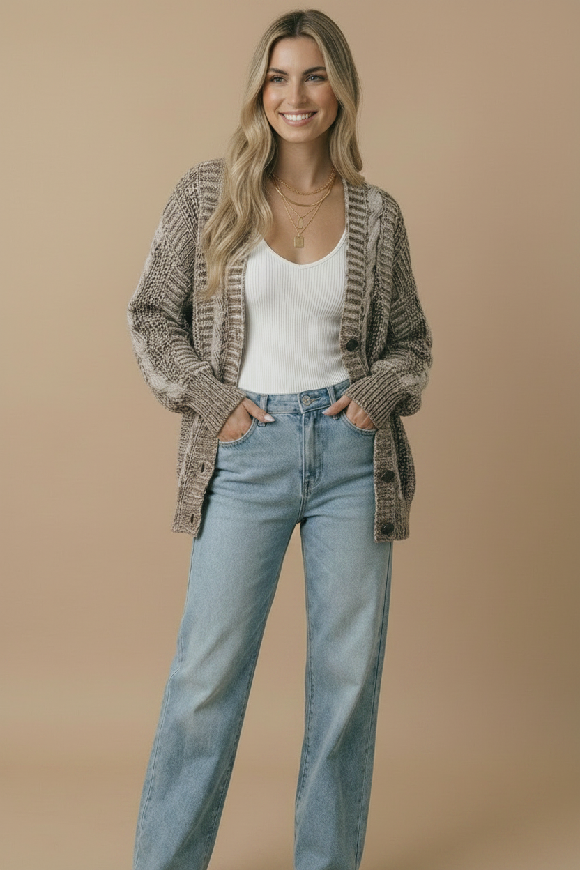 Two-Tone Chunky Cable Knit Button-Down Cardigan