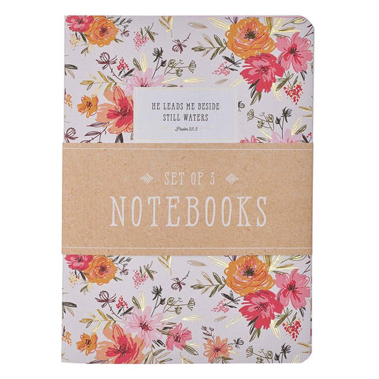 He Leads Me Notebook Set – Pink Floral Christian Journals (3-Pack)