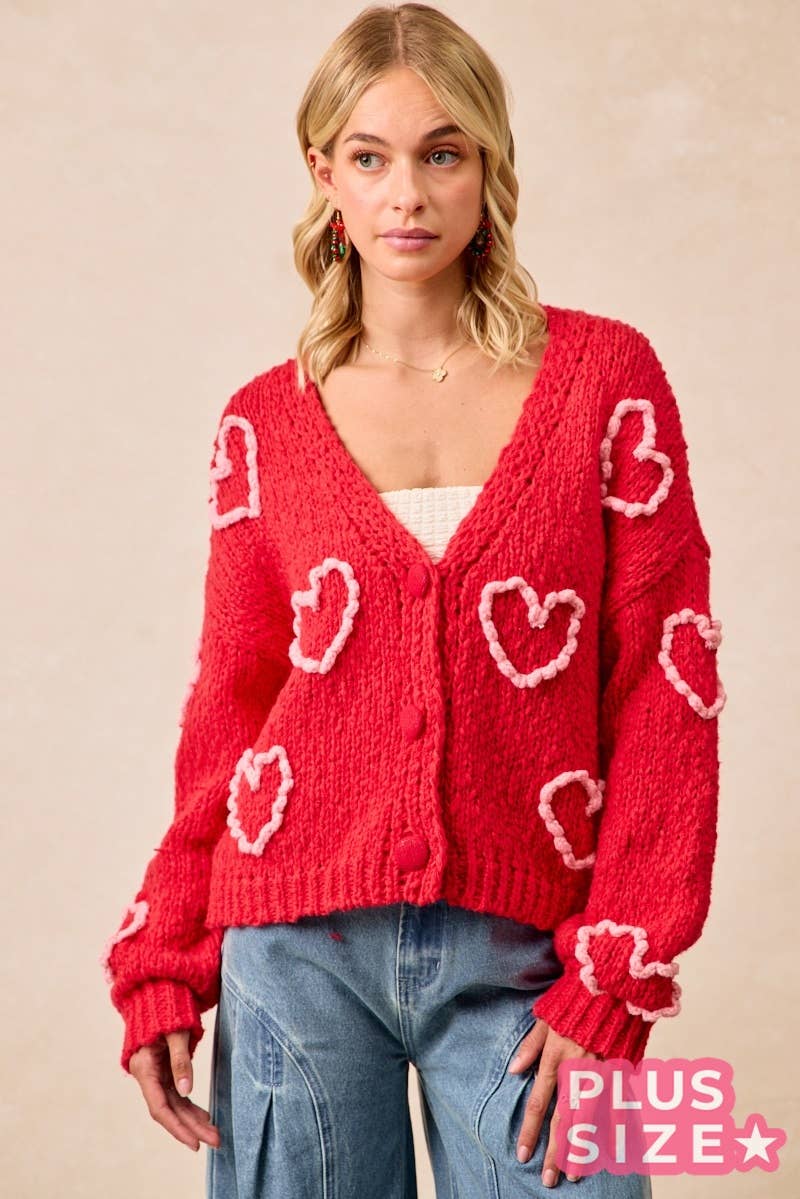 Heart Print Pom Pom Knit Cardigan