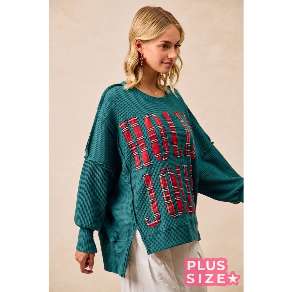 Holly Jolly Plaid Oversized Waffle Knit Christmas Sweatshirt