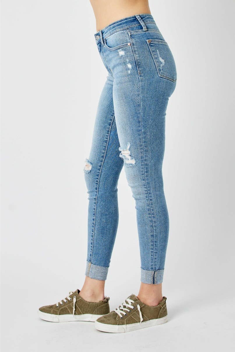 Judy Blue Mid-Rise Destroyed Skinny Jeans – Medium Wash Cuffed Ankle Denim