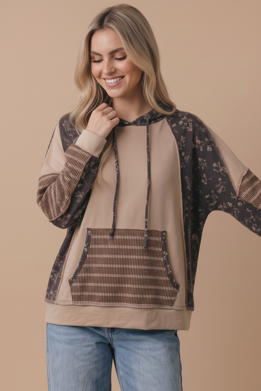 Mocha Floral Patchwork French Terry Hoodie