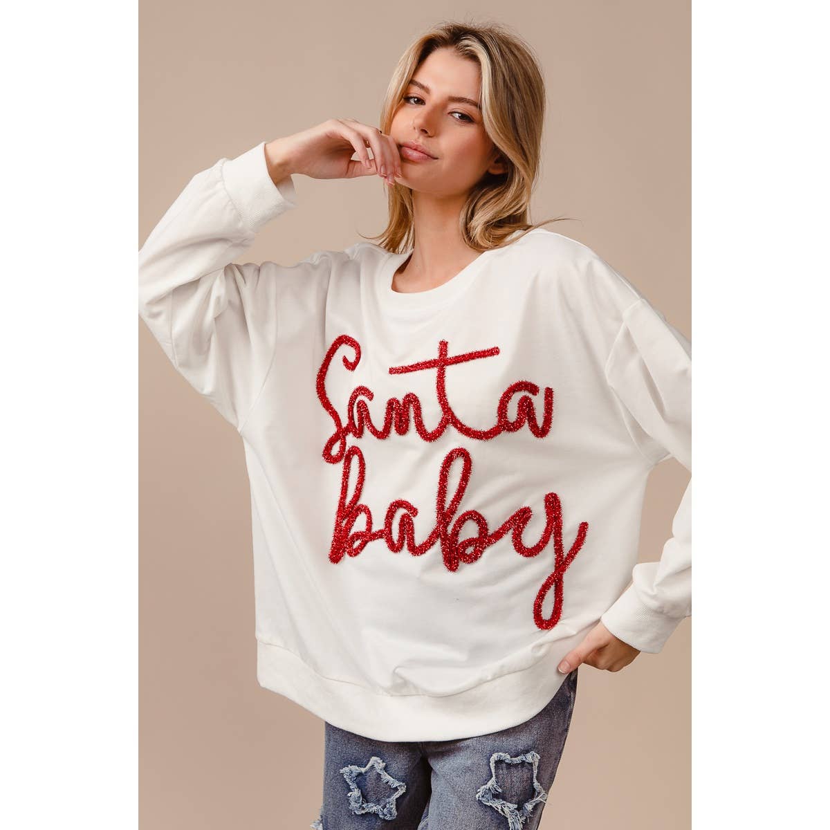 Santa Baby Tinsel Lettering Oversized Christmas Sweatshirt