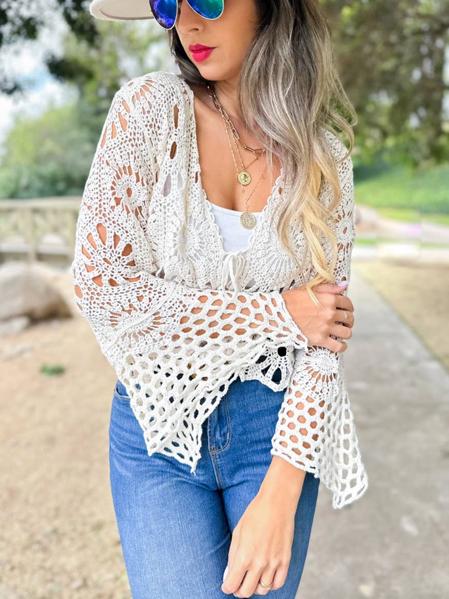 Ivory Floral Open Front Long Sleeve Crochet Cardigan