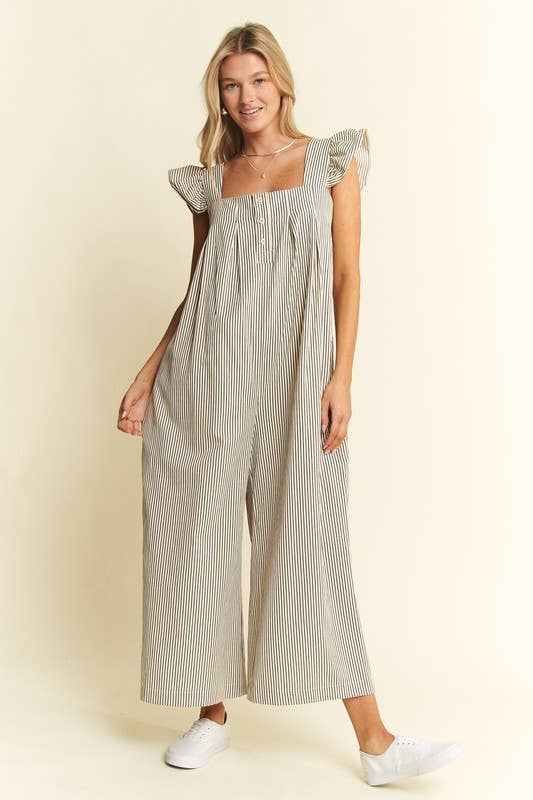 STRIPE SLEEVELESS RUFFLE JUMPSUIT