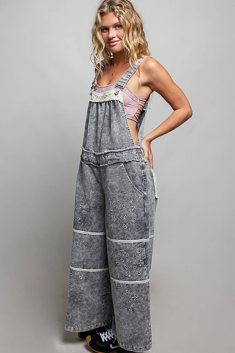 Laser-Cut Trim Accent Twill Denim Wide Leg Overalls