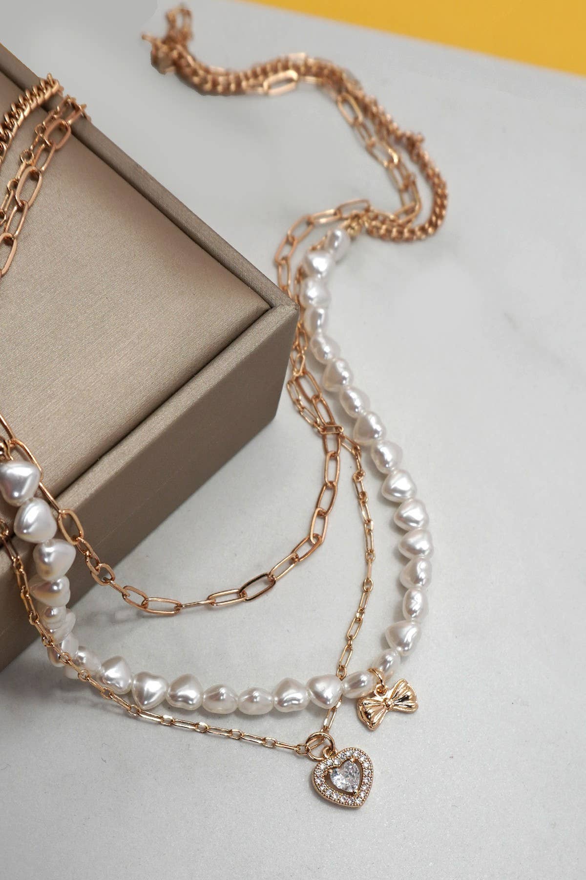 Pearl & Bow Layered Heart Necklace