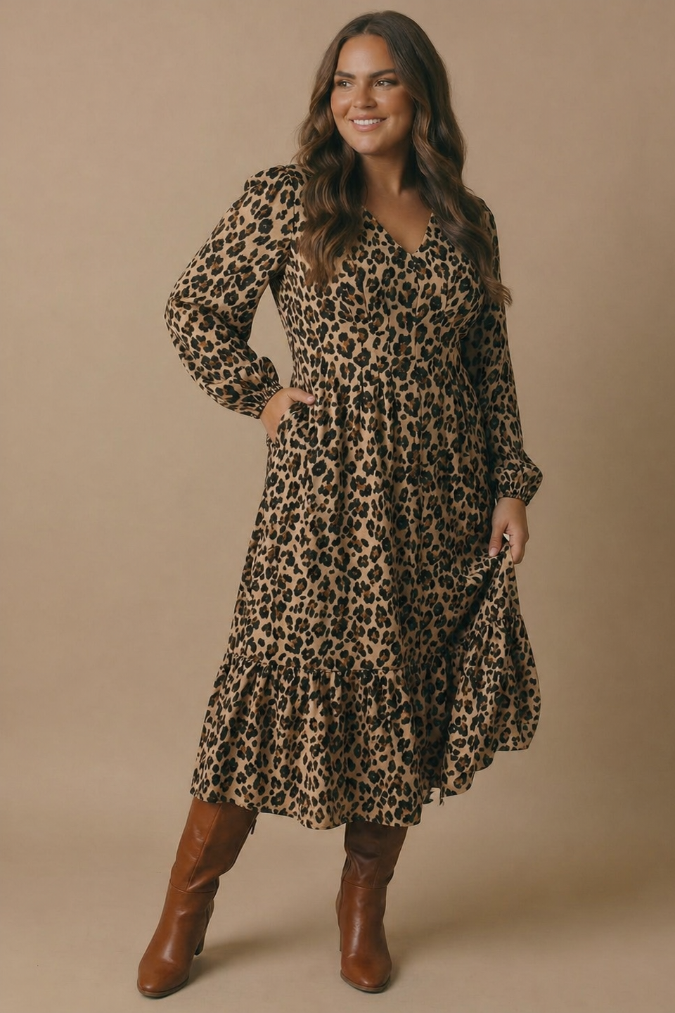 Plus Animal Print Empire Silhouette Midi Dress