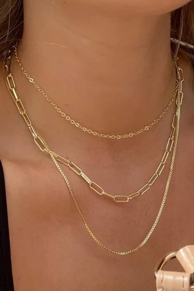Gold Stainless Steel Layered Link & Box Chain Necklace