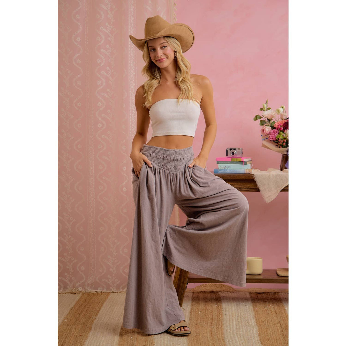 Mocha Smocked Waist Wide Leg Pants – Flowy & Relaxed Fit
