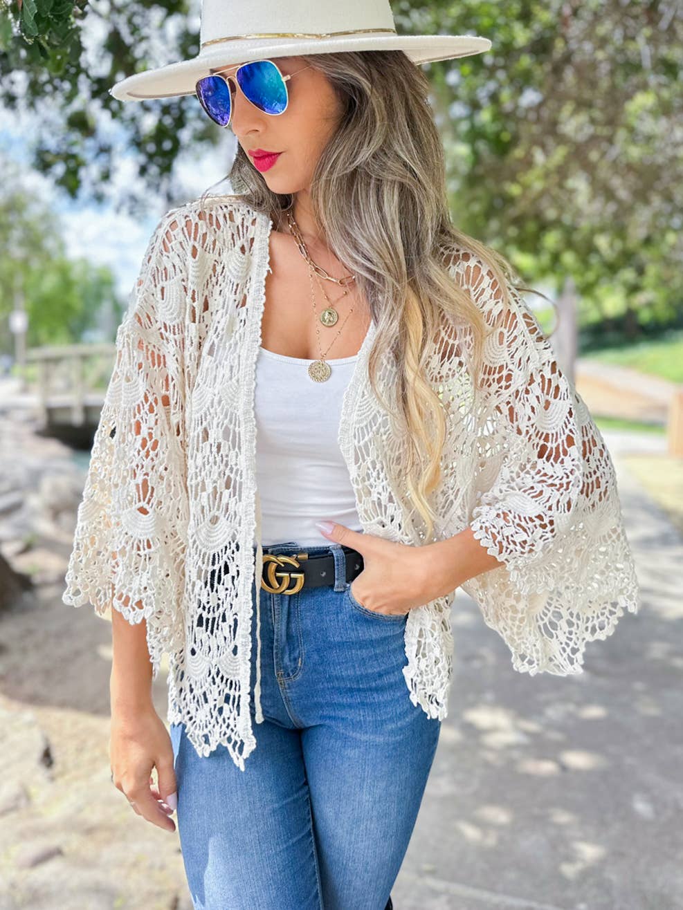 Boho Scallop Pattern Open Front Crochet Cardigan