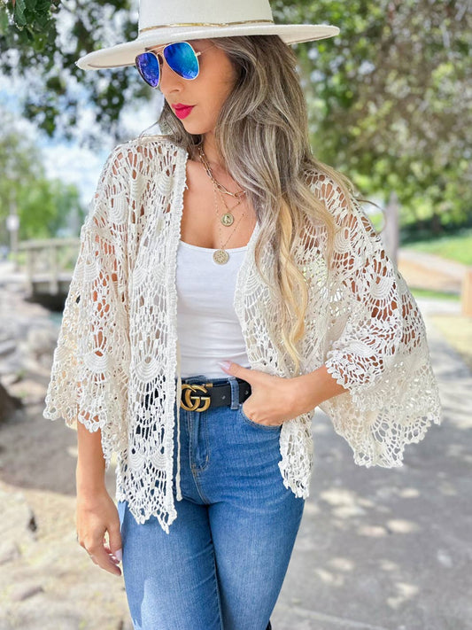 Boho Scallop Pattern Open Front Crochet Cardigan