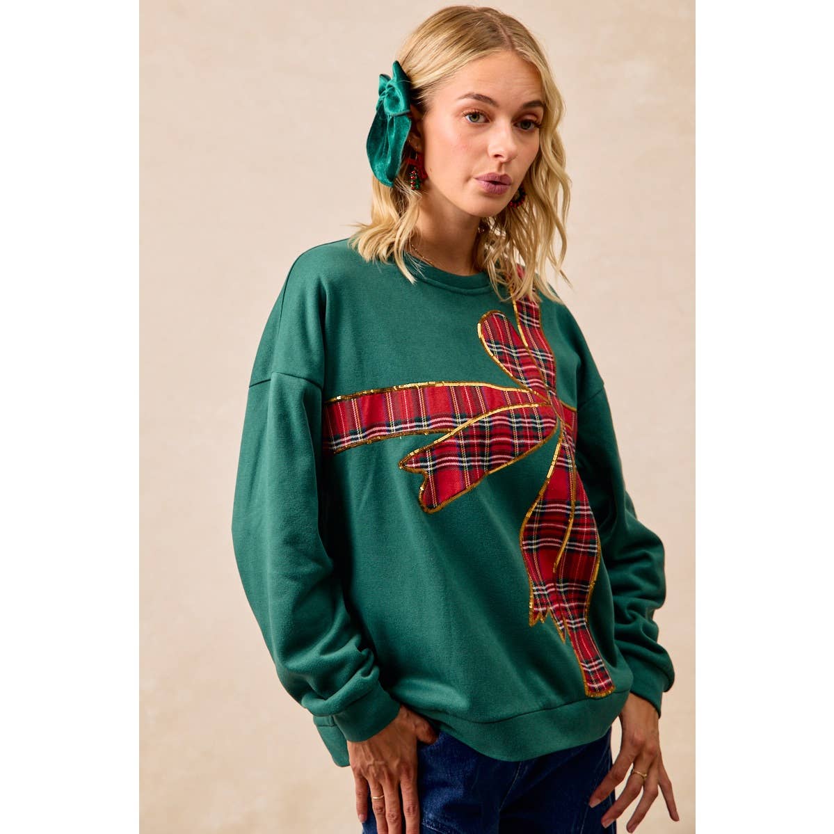 Christmas Plaid Bow Oversized Fleece Sweatshirt