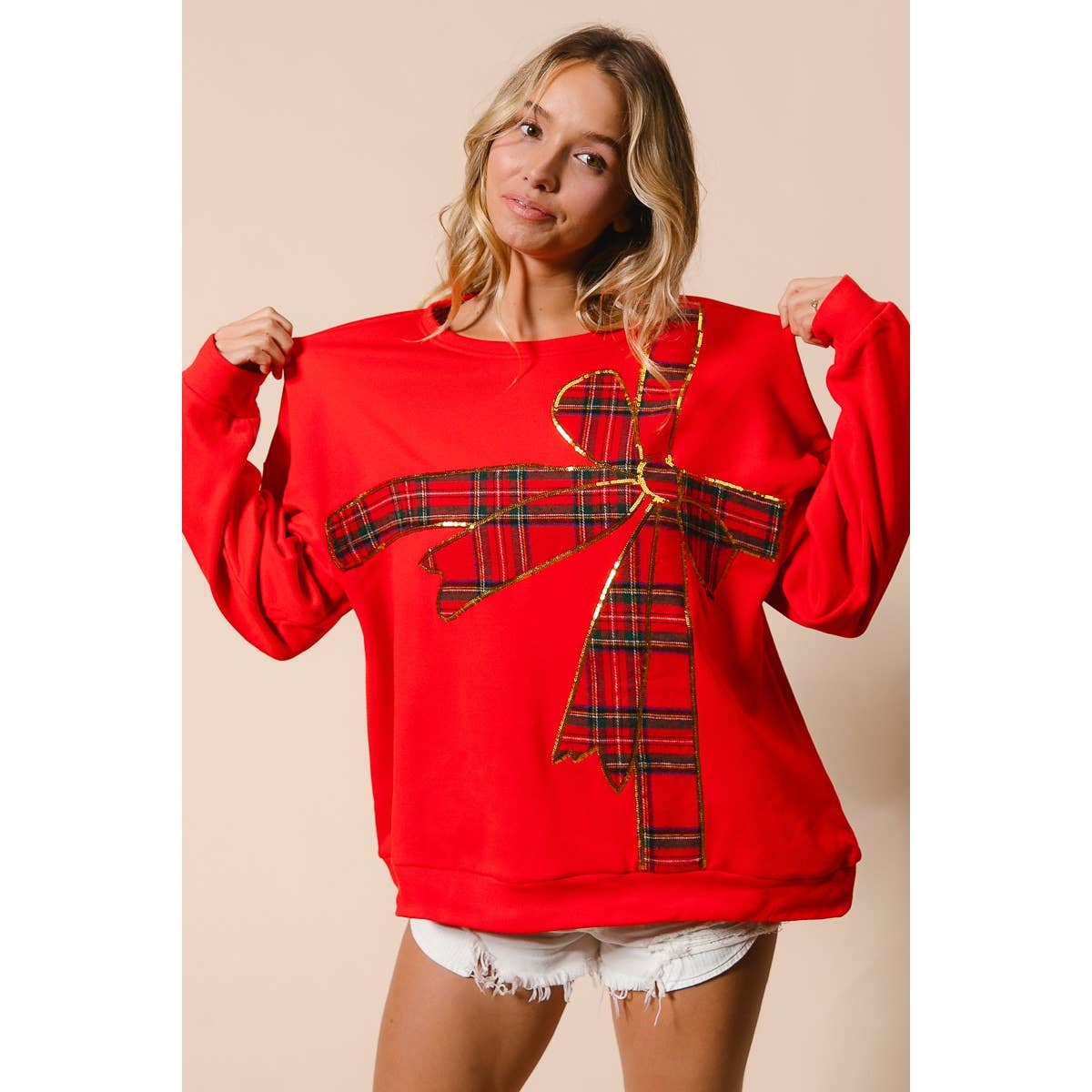 Christmas Plaid Bow Oversized Fleece Sweatshirt