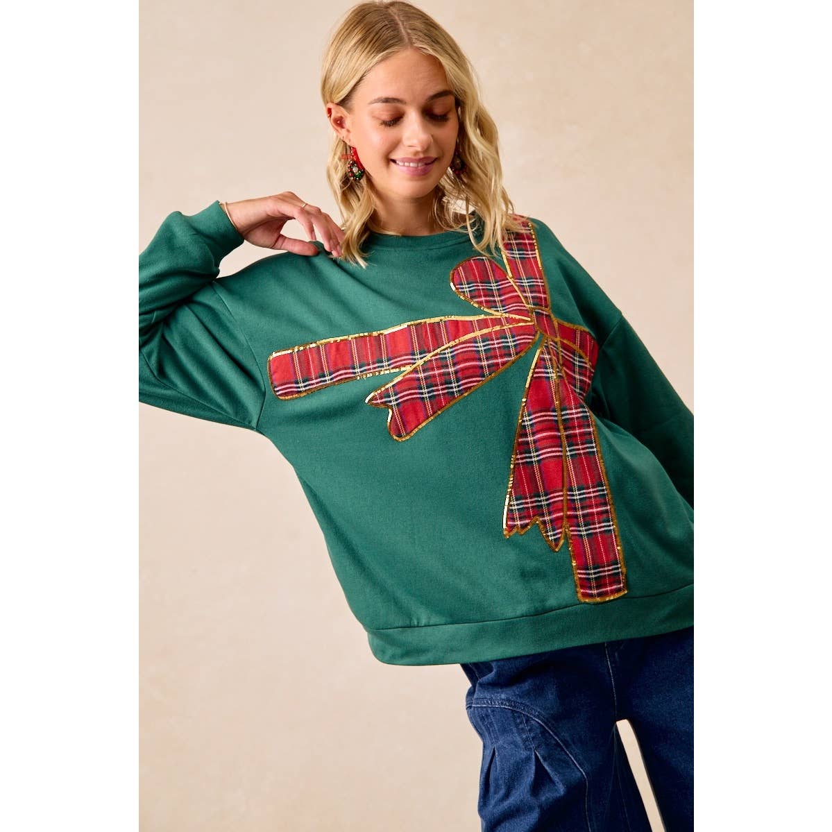 Christmas Plaid Bow Oversized Fleece Sweatshirt
