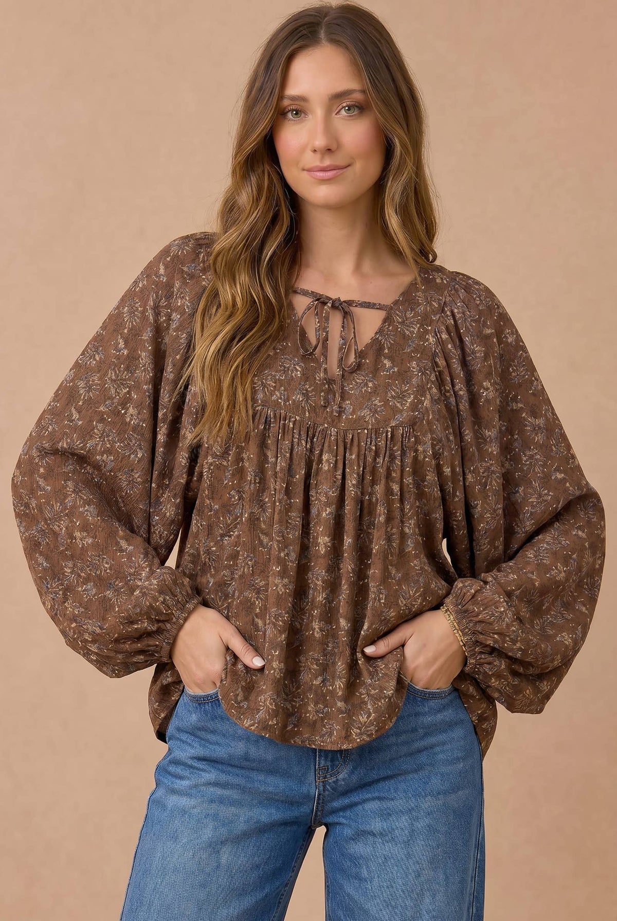 Mauve Floral Boho Peasant Blouse