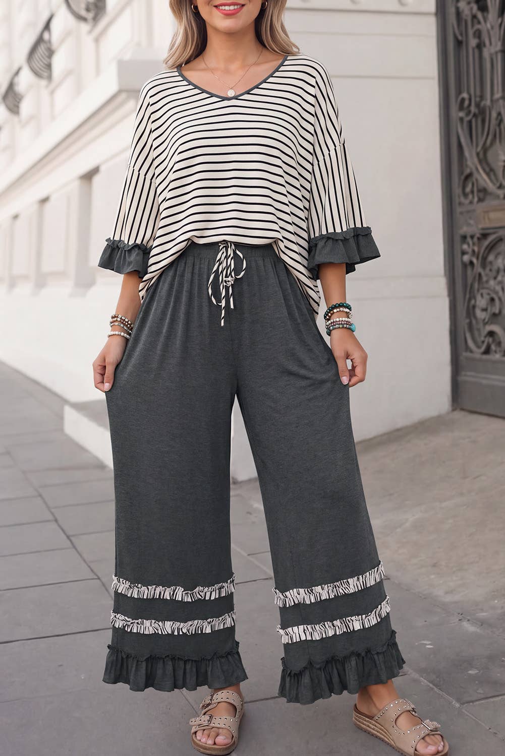 Ruffle & Stripe Wide Leg Pant Set