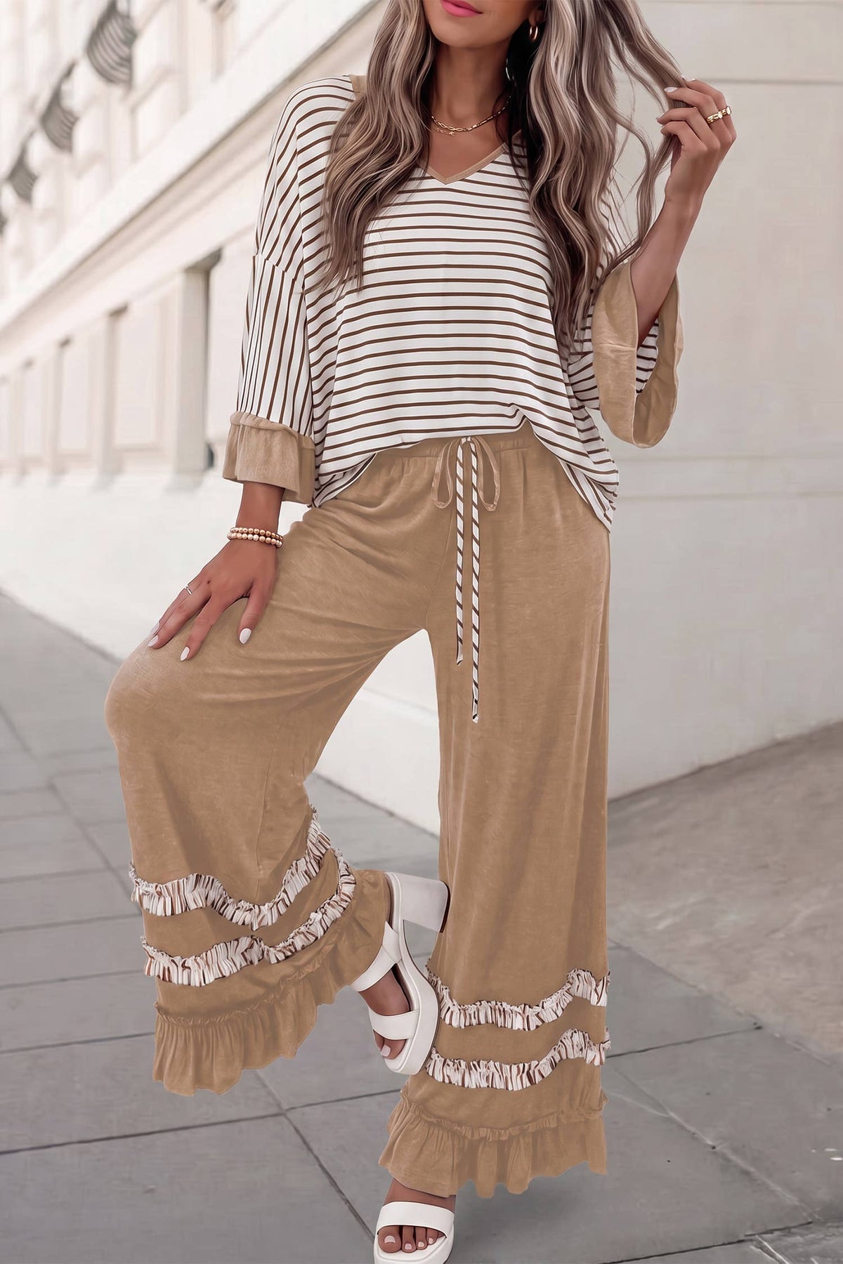 Ruffle & Stripe Wide Leg Pant Set