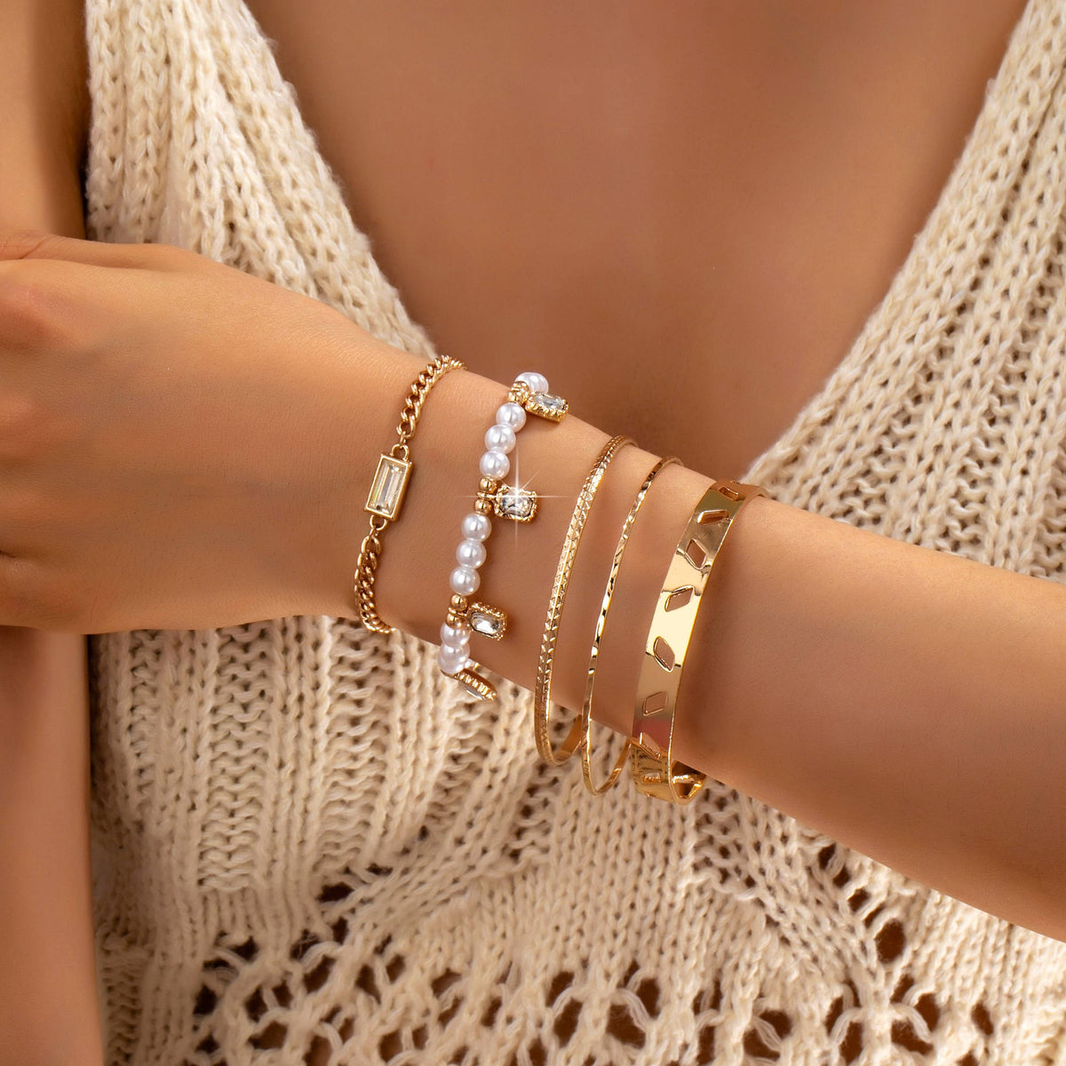 Golden Glow Pearl & Crystal Bracelet Stack