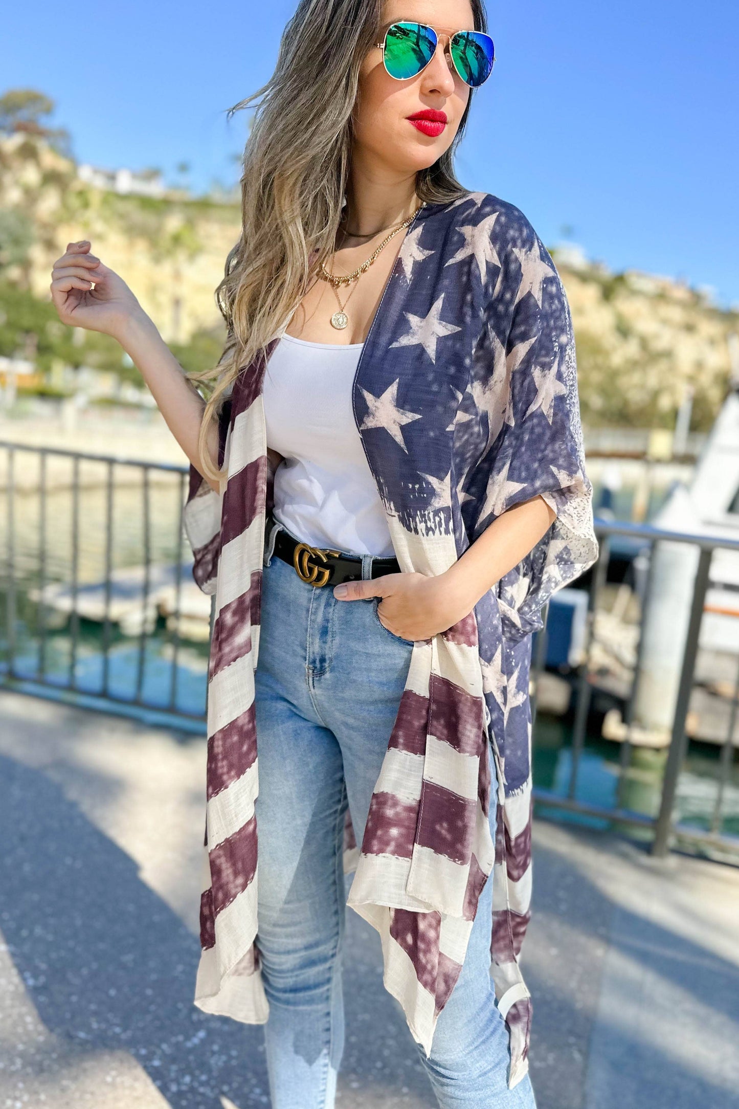 Vintage American Flag Printed Kimono
