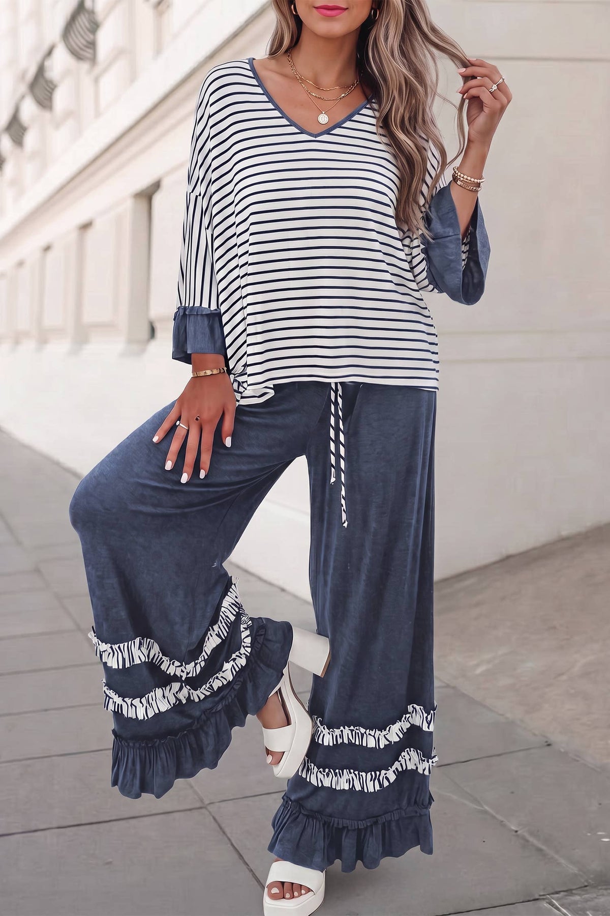 Ruffle & Stripe Wide Leg Pant Set